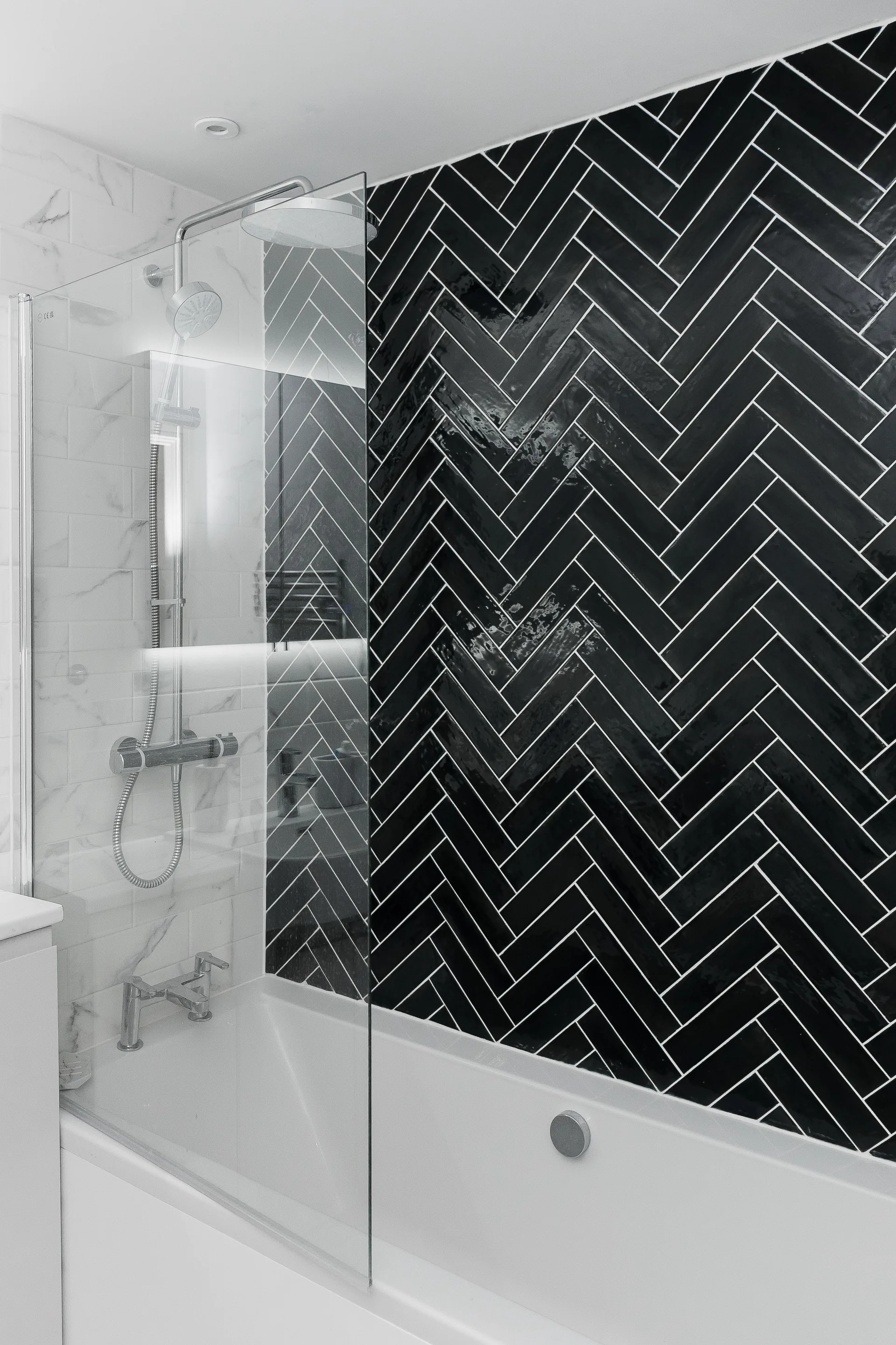 Modern Bathroom Black Herringbone Tile Shower