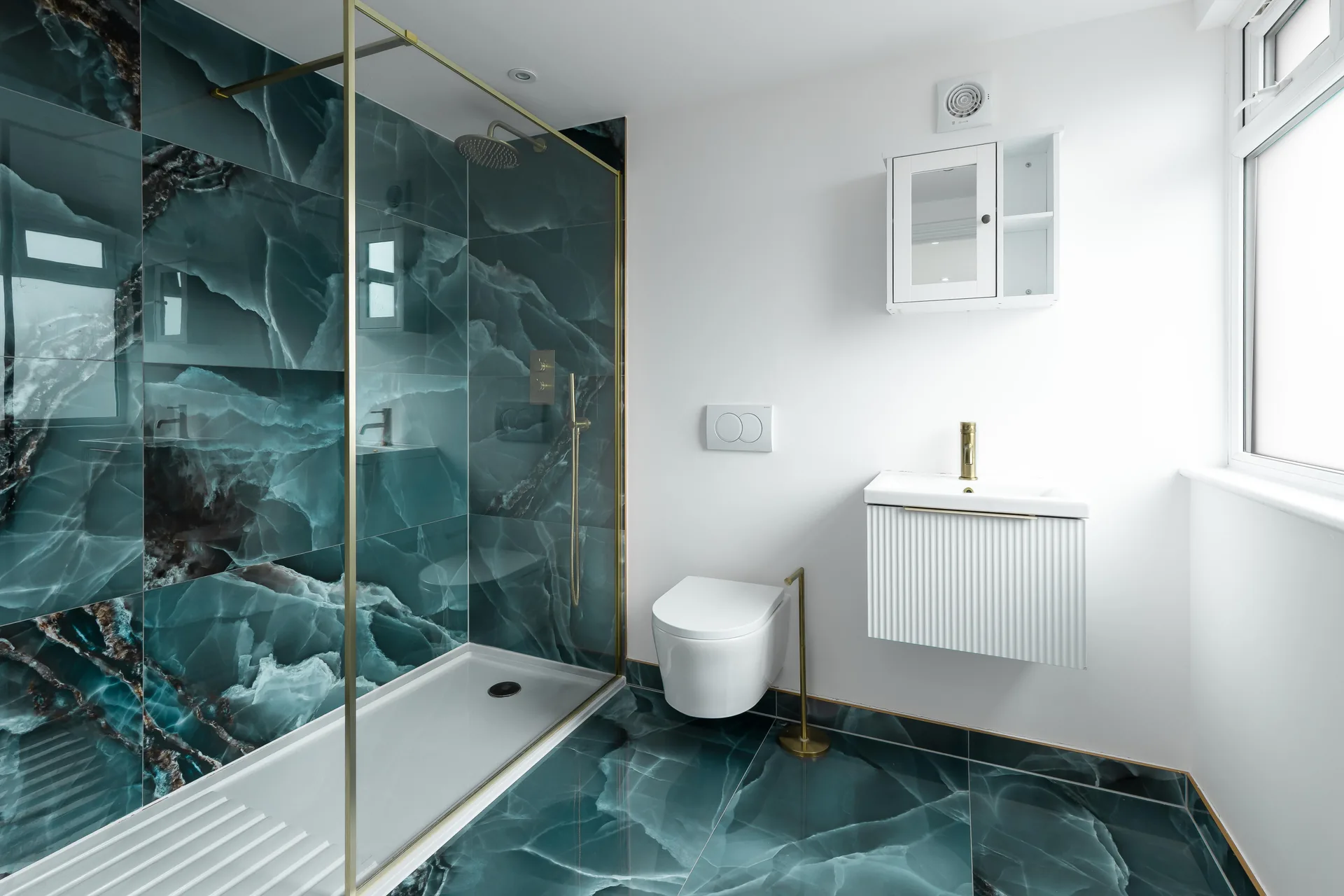 Modern Bathroom Blue Glass Shower Enclosure